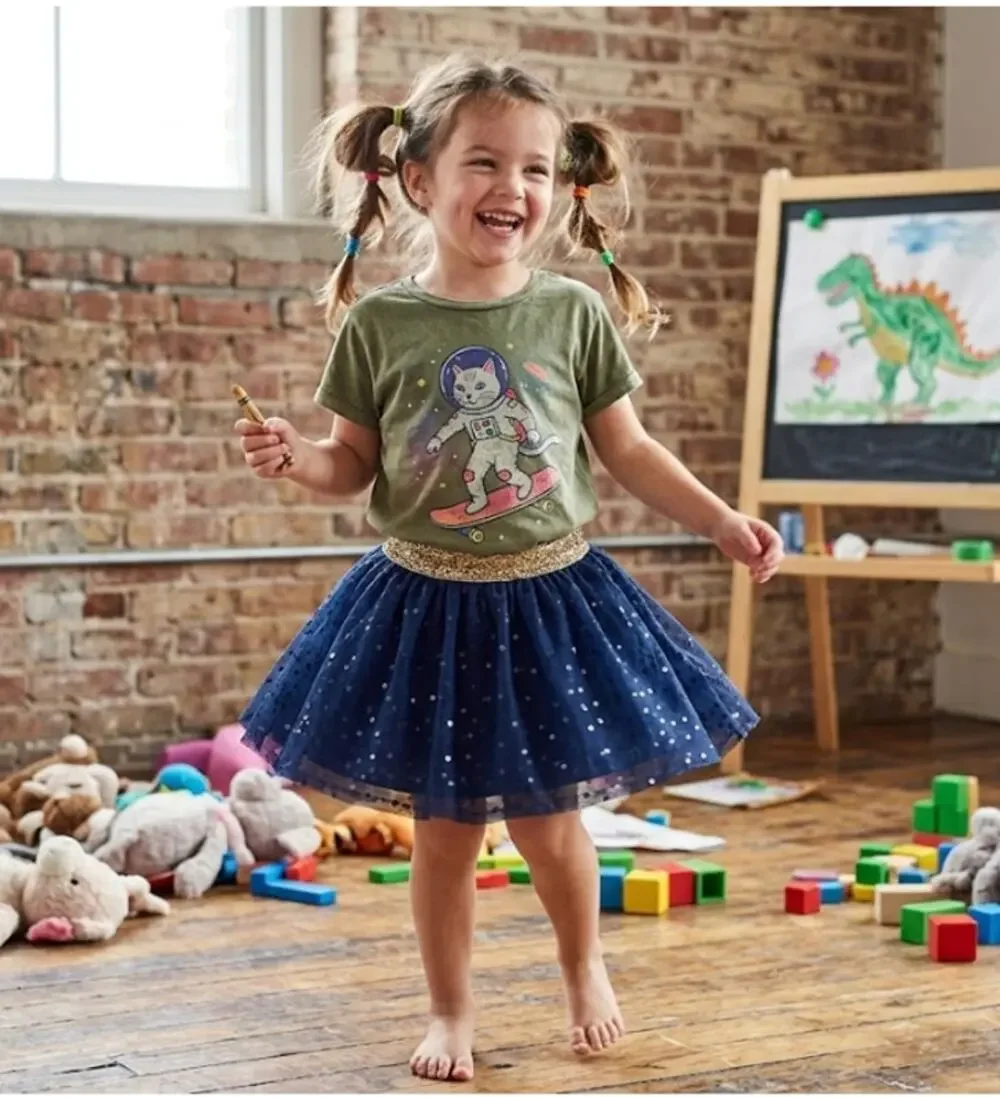 OshKosh B'gosh Navy Blue Sequin Tulle Tutu Skirt Gold Glitter Glam Size 12M
